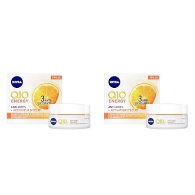 NIVEA Q10 Plus C Soin De Jour Défatigant Anti-rides +Énergie FPS 15 (1x 50 ml), crème anti-âge enrichie en Q10 & Vitamine C, crème hydratante, soin visage femme (Lot de 2)