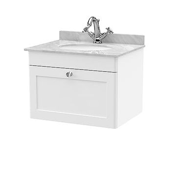nuie CLC194GR1 Classique Wall Hung 1 Drawer Unit & 1 Tap Hole Marble Worktop with Round Basin, 600mm, Satin White/Grey