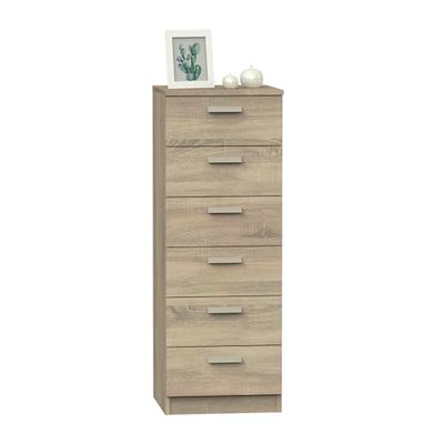 MUEBLES PITARCH | Sinfonier byrå, 6 lådor i metall, byrå sovrum, Cambrian ek, 110 x 40 x 40 cm (H x B x D) med handtag, tibetsamling