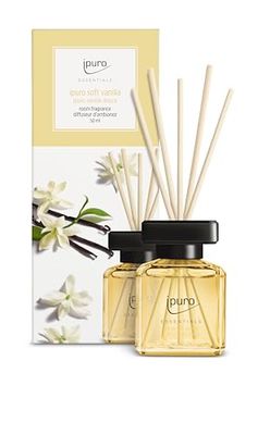 ipuro - Essentials Parfum d'intérieur Soft Vanilla 50ml - Notes de Vanille, Bois de Santal, réglisse, Fleur de pêche, Caramel - Diffuseur à bâtonnets - Parfum Cosy et réconfortant pour Maison