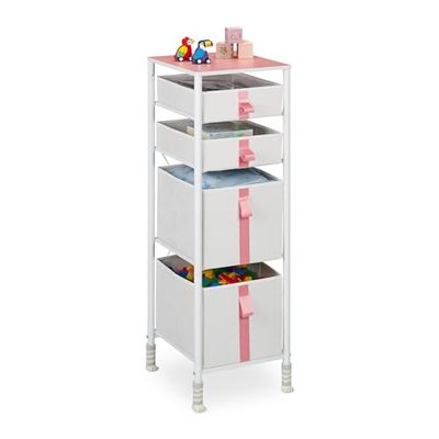 Relaxdays Chest, Children, HxWxD: 109.5 x 36 x 40.5 cm, 4, Metal, Drawer Cabinet, White/Pink, Steel