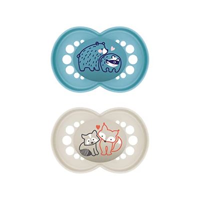 MAM Lot de 2 tétines originales en latex pour bébé de 6 à 16 mois, en matériaux durables, bio-renouvelables, avec tétine symétrique et orthodontique, 6 à 16 mois, motif : ours, renard