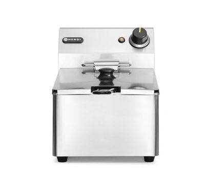 HENDI Freidora eléctrica, T ajustable hasta 190°C, termostato de seguridad, zona fría, con tapa y cesta de freír, tanque de aceite extraíble, 6L, 230V, 3300W, 265x430x(H)290mm, acero inoxidable