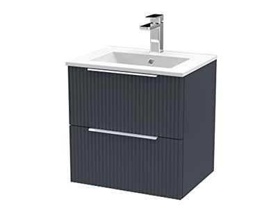 Hudson Reed DFF1492B Fluted Modern Bathroom Wall Hung 2 Drawer Vanity Basin Unit with Minimalist Ceramic Basin, 500mm, Soft Black