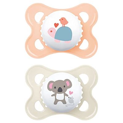 MAM Chupeta de látex de borracha natural, 2-6 meses, com étina simétrica, plana e flexível, com caixa autoesterilizadora, original MAM, rosa brilhante, embalagem de 2 unidades