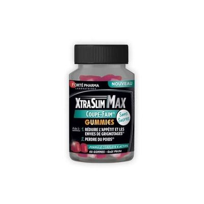 Forté Pharma – XtraSlim Max Gummies Coupe Faim | SANS SUCRES - Goût Pêche | Complément alimentaire Coupe Faim - Appétit et Grignotages - Caroube, Chrome, Zinc, Vitamines | 60 gommes - 20 jours