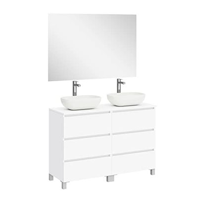 Baikal Conjunto de Mueble de Baño Neo con Espejo Luna Lisa, Tres Cajones o Dos Puertas, Mueble con Patas, Varios Acabados y Medidas, Melamina 16mm, Mueble MONTADO, 3c + Top 60+60 cm, Blanco