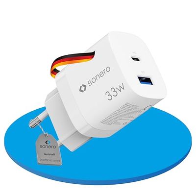 sonero USB C-oplader, 2-poort-adapter, voeding 33 watt snellader, compatibel met Apple iPhone 15, Samsung, tablet, laptop UVM, meervoudige GaN QC PD oplader, wit