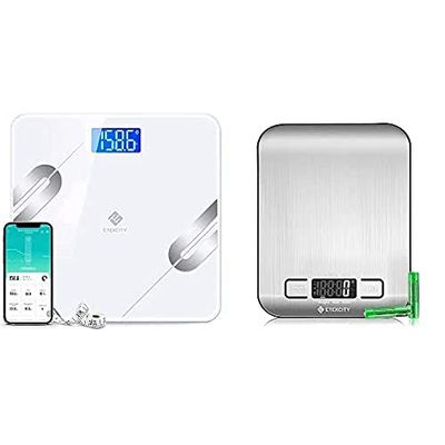 Etekcity Bluetooth Body Fat Scales, Digital Smart Weighing Weight Bathroom Scales etc,28st/180kg/400lb, White & Digital Kitchen Scales, Incredible Precision up to 1 g (5 kg Maximum Weight), Silver