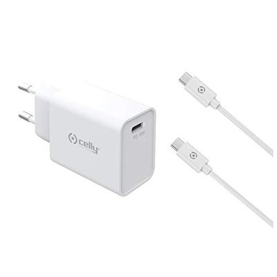 Celly Cargador USB Tipo C 18W Power Delivery, Cargador de Red Carga Rápida con Cable USB C a USB C (hasta 60W), Blanco