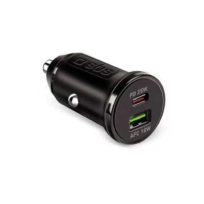SBS Carica Batteria Auto Mini, Power Delivery 25W, Ricarica Rapida, Caricatore Auto Accendisigari con Adaptive Fast Charge (AFC), Led di Stato, USB-C e USB-A, Presa 12V, Nero