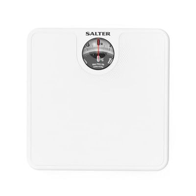 Salter Pèse Personne Mécanique avec Aiguille, Balance Analogique avec Cadran Rotatif Grossissant Facile à Lire, Design Compact et Rembourré, Garantie 15 ans, Capacité 133KG, Sans Pile, Blanc