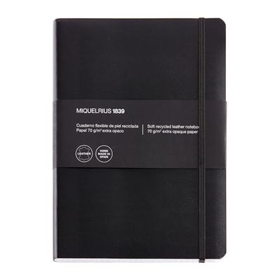 Miquelrius- Flexibel notitieboek van gerecycled leer, Formaat 4º 152x210mm, 300Vellen van 70g/m², Extra ondoorschijnend papier, Gevoerd met 5mm raster, Sluiting met elastiek, Zonder index, Kleur zwart
