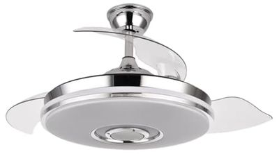 Brightium Ventilateur CC 72 W 6120 lm Chrome 3 pales 108° RGB Bluetooth à distance avec mémoire et haut-parleur Idéal pour rafraîchir et ambier les espaces.