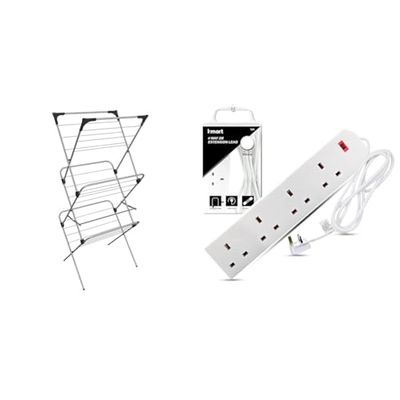 Vileda Sprint 3-Tier Clothes Airer, Indoor Clothes Drying Rack with 20 m Washing Line, Silver & Heavy Duty Extension Lead UK Pin Plug and Cable, 4 Gang Way 2m Power Adapter