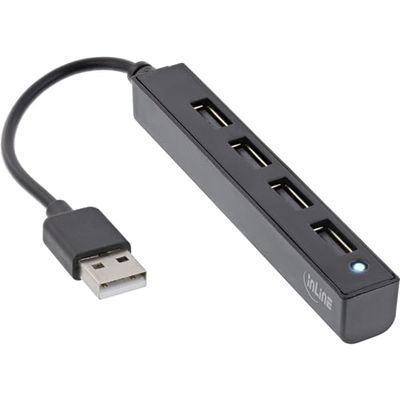 InLine® USB 2.0 4-Port Hub, USB-A Male to 4x USB-A Female, Cable 15 cm, Slim Design, Black