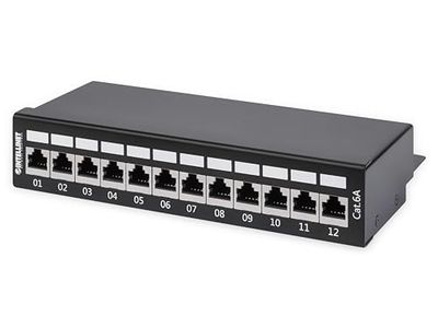 Intellinet Patch Panel, Cat6a, FTP, 12-Port, Desktop, Shielded, 90° Top-Entry Punch Down Blocks, Black