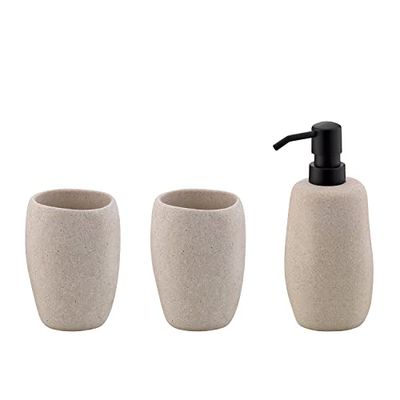 kela 390240 - Set da bagno, 3 pezzi, 1 dispenser di sapone + 2 bicchieri, effetto pietra, cemento, beige, Roda