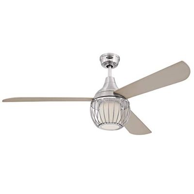 Graham 72208 plafondventilator van 132 cm, glanzend nikkel, dimbare led met opaalmelkglas en kooischerm, inclusief afstandsbediening