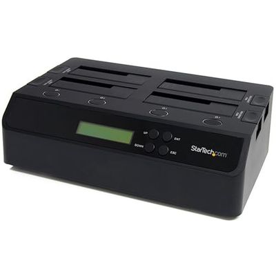 StarTech.com 4-facks hårddiskduplicator och radergummi, extern fristående 1:3 HDD/SSD-kloner/kopiator, USB 3.0/eSATA till SATA-dockningsstation, hårddiskkopiering/sanitizer / torkverktyg