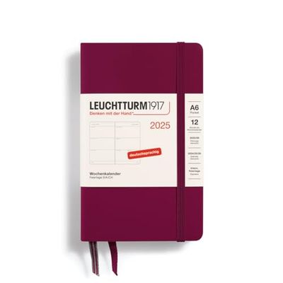 LEUCHTTURM1917 370551 Agenda semanal 2025, bolsillo A6, tapa dura, planificador de 12 meses, 80 g, a rayas, Port Red