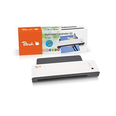 Peach Plastificadora A3, incluye 25 láminas A3 y kit de iniciación. Se inicia rápidamente en solo 60 segundos vs. 3-5 min. 1,5 láminas A3 por minuto/3 veces más rápido que antes habitualmente – PL125A