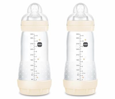 MAM Pack 2 Biberones Anticólicos, a partir de 4 Meses, 320ml, con Tetina 3 Flujo Rápido de Fácil Aceptación, Autoesterilizable y Fácil de Limpiar, MAM Easy Start Anti-Colic, Neutro Brillante, 2uds
