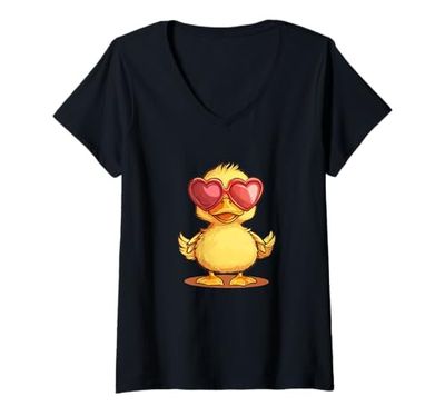 Womens Funny Duck Face with Love Sunglasses Costume V-Neck T-Shirt