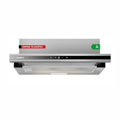 Corberó MAKALU640X Hotte télescopique en acier inoxydable et noir, 60 cm, débit 400 m3/h, puissance 65 W, 3 vitesses, filtre aluminium 3 couches, filtre carbone, efficacité énergétique A