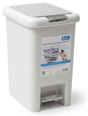 IPEA Kleine kunststof vuilnisemmer, 6,5 liter, met innovatieve dubbele opening, pedaal en knop, minimalistisch en elegant design, afvalemmer voor thuis, keuken, badkamer, lichtgrijs