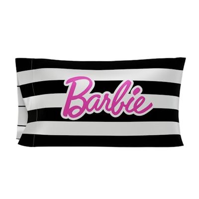 Franco Collectibles Barbie Barbicore Black & White Stripped Beauty Silky Satin Standard Pillowcase Cover 20x30 for Hair and Skin, (Official Licensed Product)