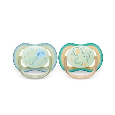 Philips Avent Sucette ultra air - 2 sucettes légères, aérées et phosphorescentes pour bébés âgés de 0 à 6 mois, sans BPA, avec étui de transport stérilisateur, Jaune (modèle SCF376/18)