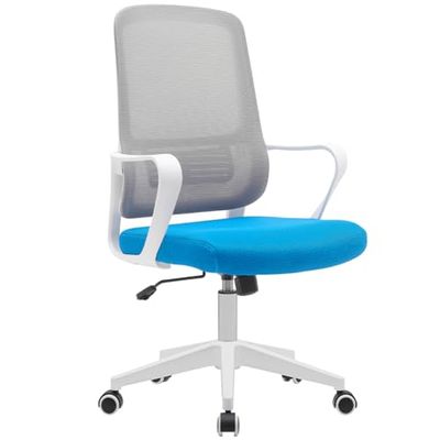 BAKAJI Silla de Escritorio ergonómica con Ruedas giratorias antiarañazos, Respaldo de Tela Transpirable y Soporte Lumbar, sillón de Estudio u Oficina, Ajuste de la Altura del Gas 98-108 cm (Azul y