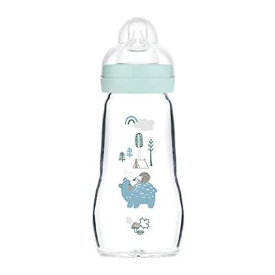 MAM 81940711 Feel Good glazen babyflesje (260 ml), babyfles met brede opening, stabiele zuigfles met speentje in maat 1, vanaf 0 maanden, natuurlijke motieven, beer/egel,Zwart