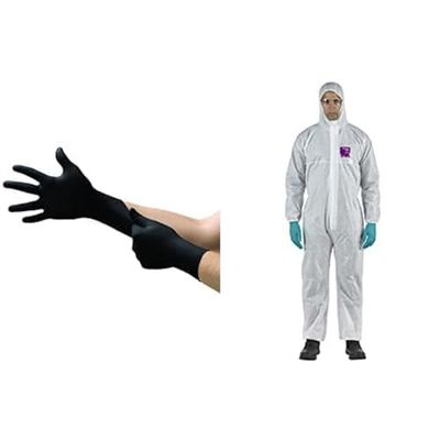 Microflex 93-732 Guantes Desechables De Nitrilo Sin Látex Ni Polvo, Negros,M (100 Guantes) + AlphaTec 1500 Model 138, Mono de Trabajo Desechable, Protección Quimica Tipo 5/6 Blanco, Talla L (1 Unidad)