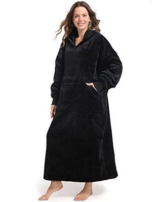 FUSSEDA Överdimensionerad bärbar filt tröja, supertjock varm sherpa fleece gosig filt huvtröja med fickor och ärmar för vuxna och barn, svart, Erwachsener