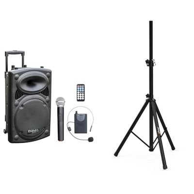 Ibiza - Altavoz portátil 12" / 700W MAX con 2 micrófonos VHF, Mando a Distancia & Audibax Neo 131 - Soporte Profesional para Altavoces - Trípode Extensible Negro Mate