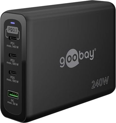 goobay Compacte oplader, 240 W, ultrasnel, USB-C, snellader met meerdere poorten, voor 4 apparaten, compatibel met iPhone, Samsung, laptops, tablets enz. / 65885