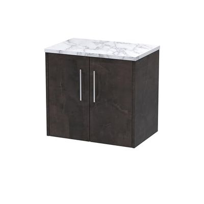 Hudson Reed JNU2623LCM Juno Modern Bathroom Wall Hung 2 Soft Close Door Vanity Unit and Carrera Marble Laminate Worktop, 600mm, Metallic Slate