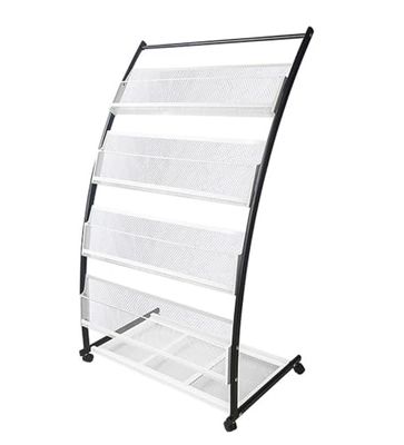 TUKA-i-AKUT Vloerstandaard tijdschriftenrek met wielen, 4 planken krantenrek literatuurhouder, vloerstaande displaystandaard voor brochure krantentijdschrift, roestvrij staal, 60 x 40 x 113 cm TKD8692