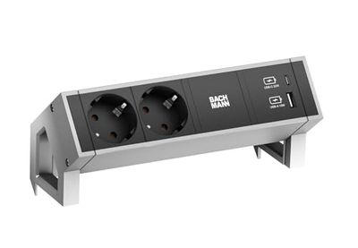 Bachmann Ciabatta elettrica Desk 2, 2 prese, 1 caricatore USB-C/USB-A inox