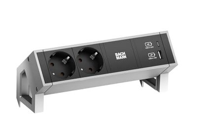 Bachmann Stekkerdoos Desk 2 2 x stopcontacten, 1x USB-C/USB-A Charger INOX