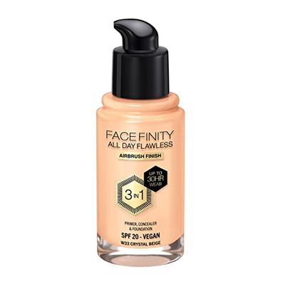 Max Factor Fondotinta Facefinity All Day Flawless – Correttore, Fondotinta liquido e primer viso 3-in-1, Formula vegan, Copertura modulabile, Tenuta fino a 30 ore, SPF20 – W33 Crystal Beige, 30 ml