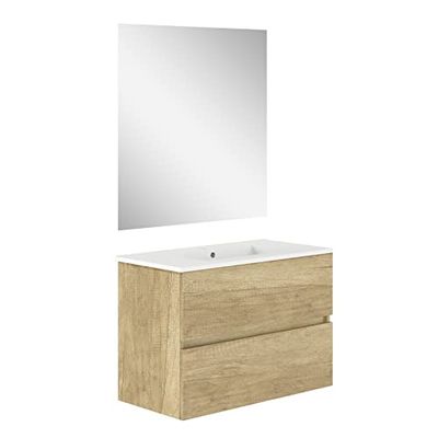 Baikal, Set da bagno Natura. Mobile da bagno con fondo ridotto, con lavabo in ceramica. Distribuzione a due cassetti. Mobile montato. Due cassetti con specchio. Profondità 39 cm 90 cm Nature