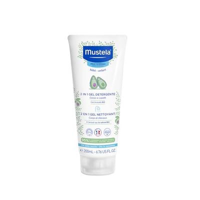 Mustela 2-in-1 Reinigingsgel, Lichaam en Haar, Voor Baby's, Kinderen, Geschikt voor de Hele Familie - Geschikt voor Buitenshuis, 95% Natuurlijke Ingrediënten (200ml)