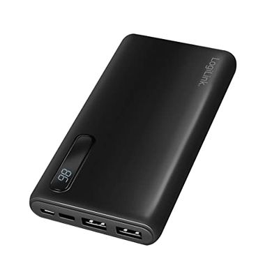 Logilink PA0280 - Powerbank 10.000 mAh, 2 x USB, 2-in-1 kabel, met display, gelijktijdig opladen van 2 apparaten, kleur: zwart