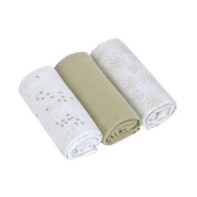 LÄSSIG Babydeken, spuugdeken, inbakerdoek, 3-delige set, katoen, 60 x 60 cm, Swaddle & Burp Blanket M, Leave Olive/Melky
