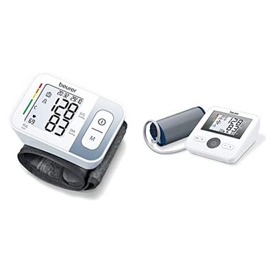 Beurer BC28 - Tensiómetro de muñeca, color blanco & BM 27 Tensiómetro de brazo digital con control de ajuste del manguito, brazalete de 22-42 cm, indicador de riesgo, detección de arritmias