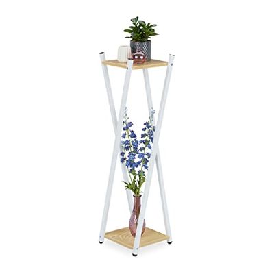 Relaxdays blomställ, 2 våningar i träutseende, metall, MDF, modern blompall, HBT: 99 x 29 x 29 cm, vit/ljusbrun