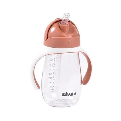BEABA, Bicchiere Salvagoccia Per L'apprendimento 2 In 1, Tazza Con Cannuccia Per Bambini, 100% Antigoccia, Facile Da Aprire, Manici Rimovibili, Tritolo E Silicone, 300 Ml, Terracotta